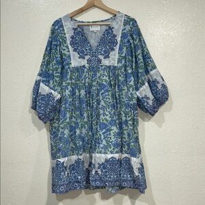 ISLAPAYAL WOMENS BOHEMIAN MIDI DRESS PULLOVER BLUE FLORAL Sz XL